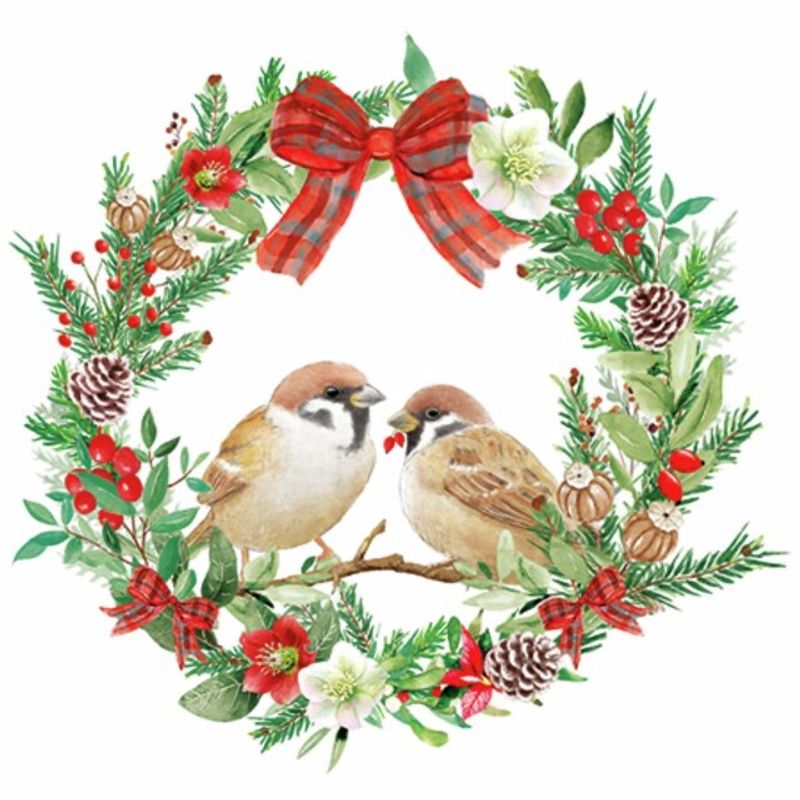 Servietter kaffe - Sparrows in wreath