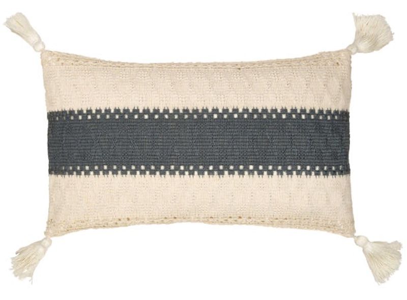 Pute vevd bomull/lin krem m/blå 30x50cm