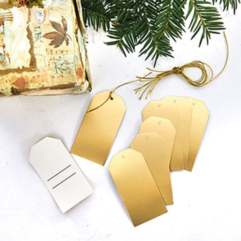 Gavemerker, med snor, metallic guld – 8X4CM, 8/POS